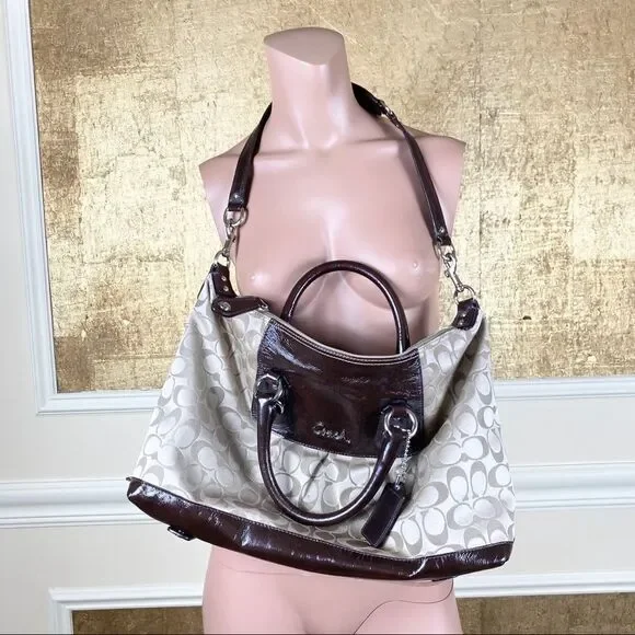 Coach tan canvas & patent leather cross body bag